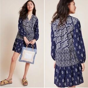 Anthropologie Maeve Carlita tiered tunic dress in blue and white cotton